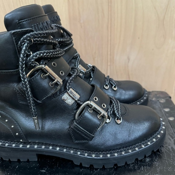 Jimmy Choo Calfskin Breeze Biker Combat Boots Sz 37.5 Black Moto Buckle Studded - Picture 9 of 16